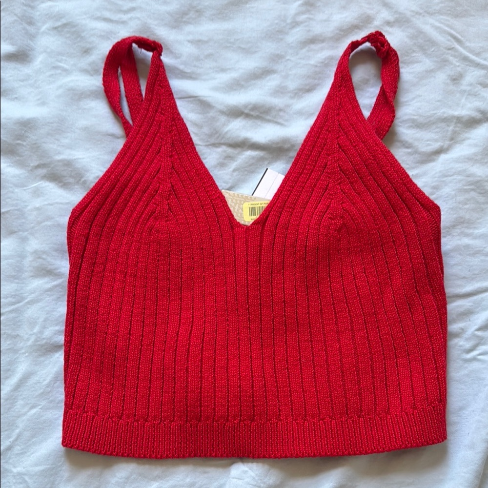 Red Ribbed Knit Women's Top